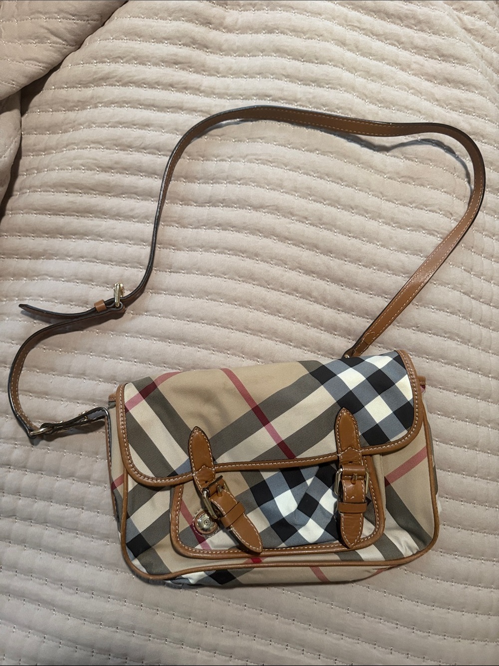 Authentic Burberry Classic Check Crossbody Bag with Tan Trim